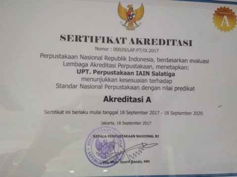 Sertifikat Akreditasi A Perpustakaan IAIN Salatiga Tahun 2017
