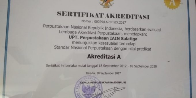 Sertifikat Akreditasi A Perpustakaan IAIN Salatiga Tahun 2017